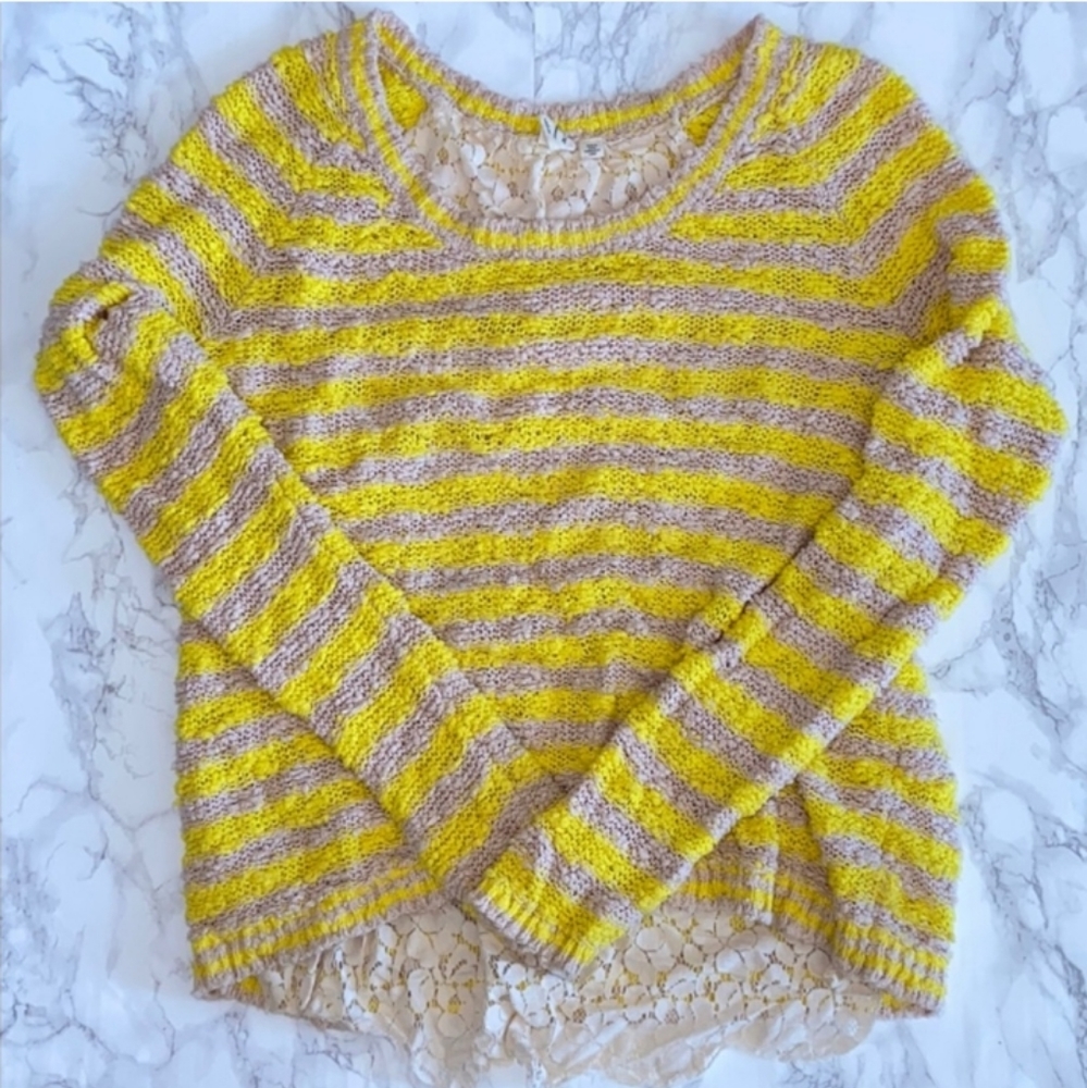 Anthropologie | Yellow & Cream Striped Sweater w/ Lace Detail |  Medium